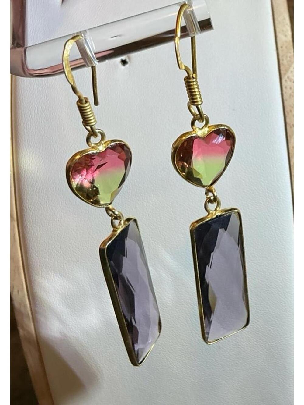 925 Sterling Silver Watermelon Tourmaline & Amethyst Quartz 18k GP Earrings